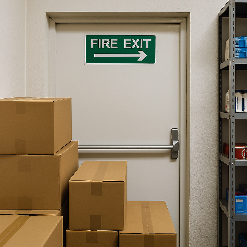 Blocked fire exit door in a workplace storage area, obstructed by stacked cardboard boxes, illustrating a common fire safety violation in small businesses