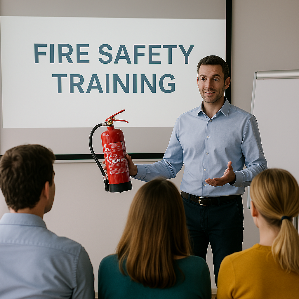 Fire safety instructor in a UK training session demonstrating a fire extinguisher to a small group of employees, with a presentation screen reading ‘Fire Safety Training’ in the background