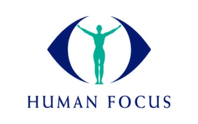 Logo of Human Focus, featuring a teal human figure with outstretched arms inside a stylized dark blue eye shape, with the words 'Human Focus' below in capital letters.