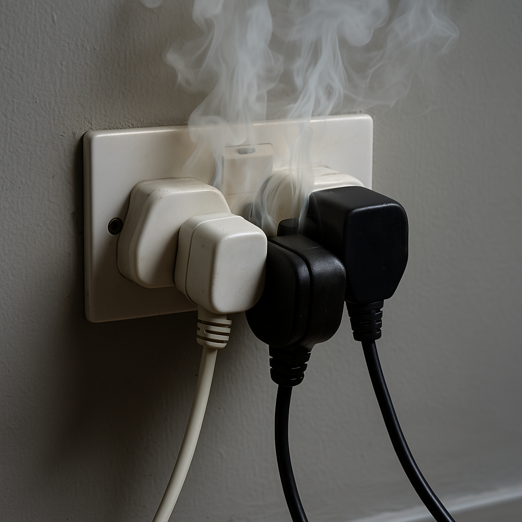 Overloaded UK wall socket with multiple plugs emitting smoke, illustrating a common electrical fire hazard in workplaces and small businesses