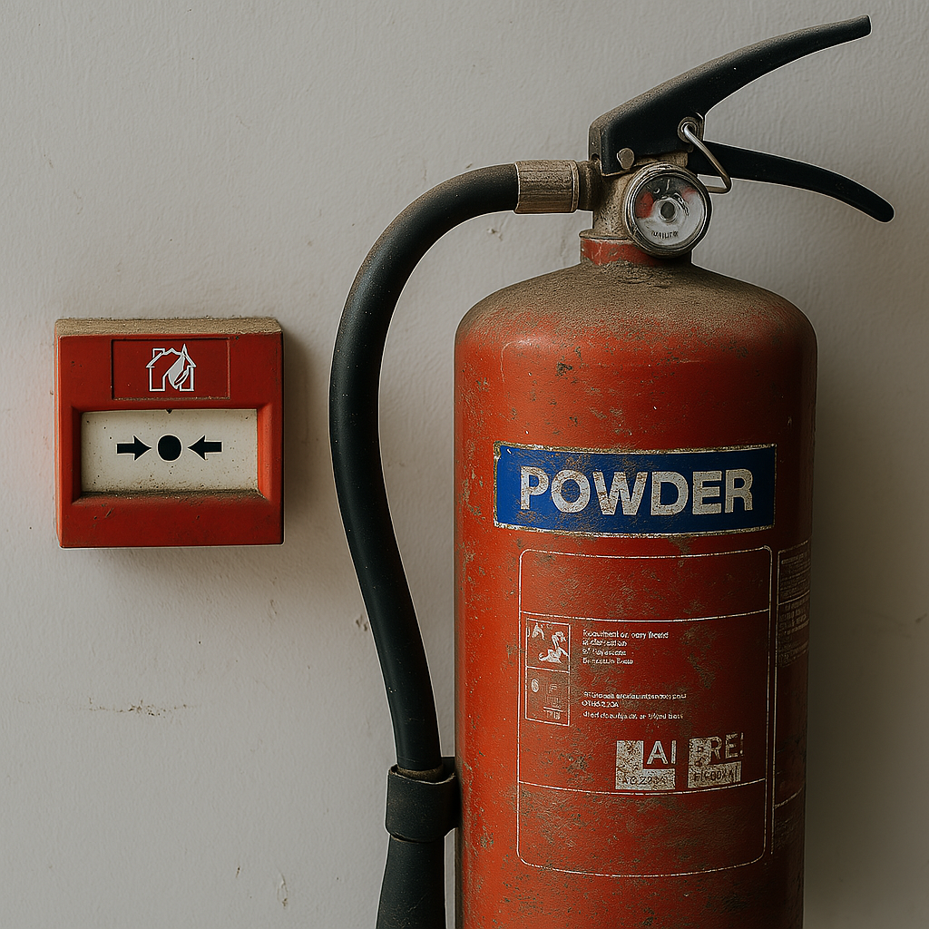 Dusty and unmaintained fire extinguisher alongside a worn manual fire alarm call point on a wall, highlighting neglected fire safety equipment in a UK workplace